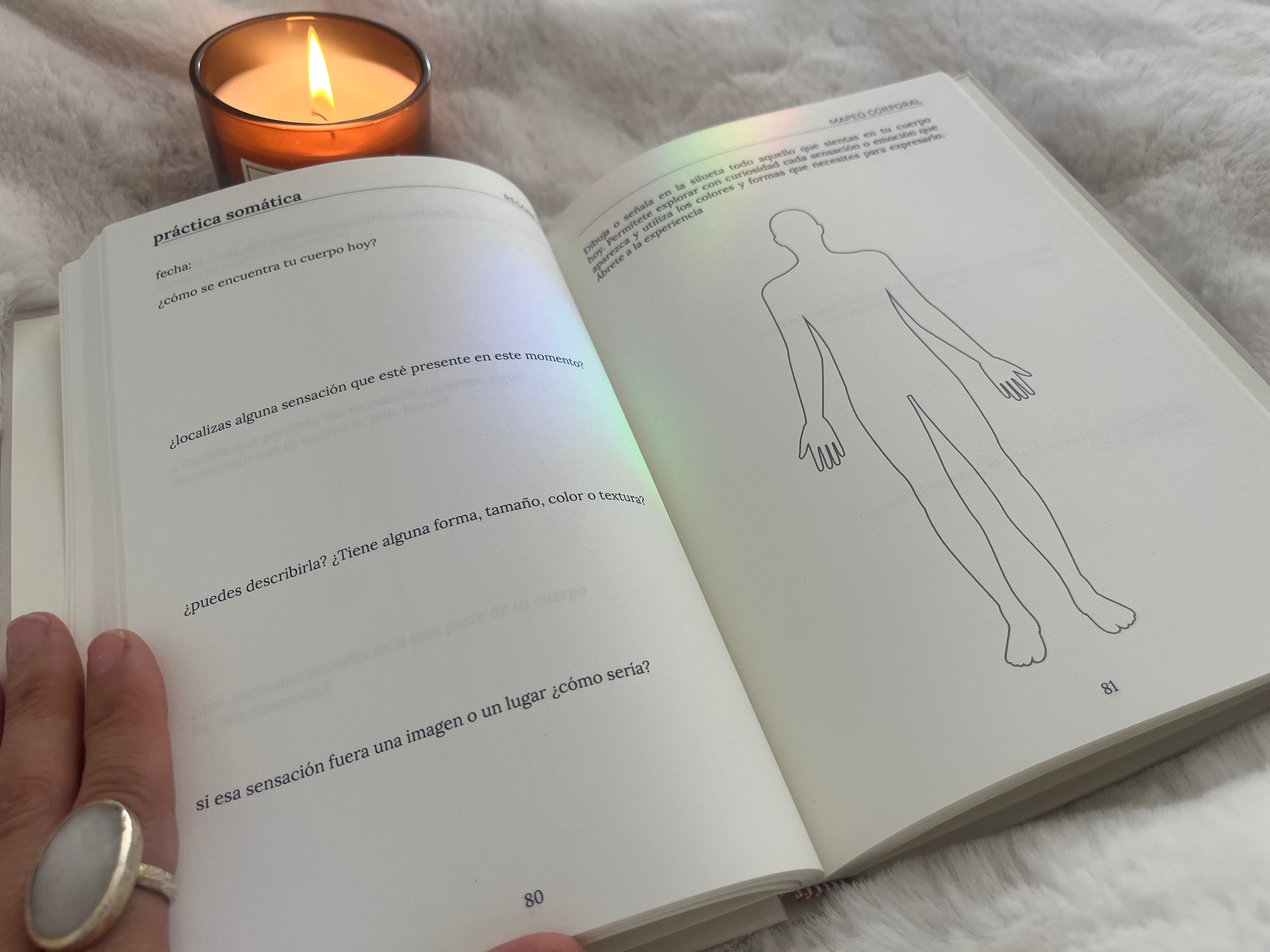 Interior del Diario Somático con figura corporal y preguntas de exploración, diseñado para conectar con las sensaciones del cuerpo